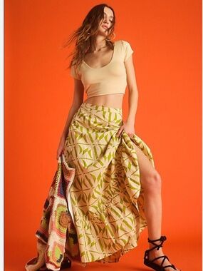 Free People Kenny Set w/ cropped cream tee and green print maxi skirt, S